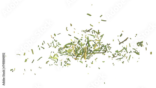 Dry, chopped green dill leaves, pile isolated on white background and texture, macro