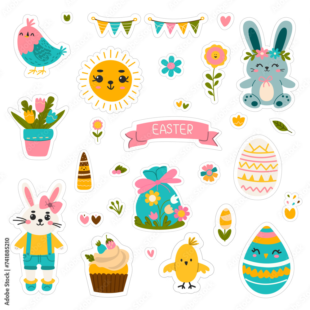 Obraz premium Cute set of Easter stickers. Bunny, sun, egg, bird, chicken, cupcake. Easter elements.