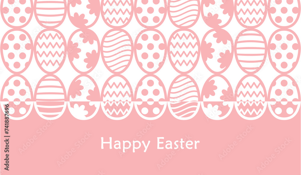 Happy Easter pink and white greeting card with holiday eggs, abstract vector Illustration