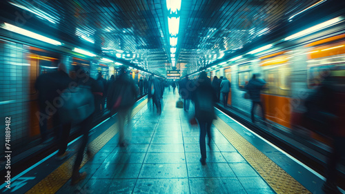 Blurred figures of people in the subway during rush hour