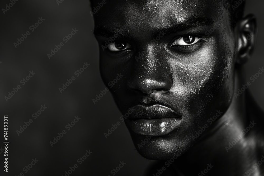 Black and white photo of a handsome African American male, close-up portrait of a man Black and white photo of a handsome African American male, close-up portrait of a man