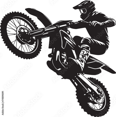 Realistic silhouette of a motocross rider, man is doing a trick, isolated on white background. Enduro motorbike sport transport. Vector illustration