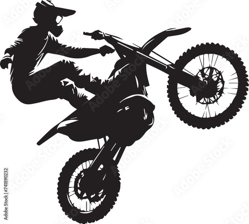 Realistic silhouette of a motocross rider, man is doing a trick, isolated on white background. Enduro motorbike sport transport. Vector illustration