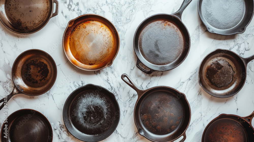 Pans on the kitchen table, top view Pans on the kitchen table, top view