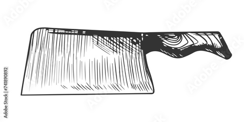 Butcher knife isolated on white background. Large cleaver with wooden handle. Sketch style big knife. Engraving vector illustration. Steel kitchen knife