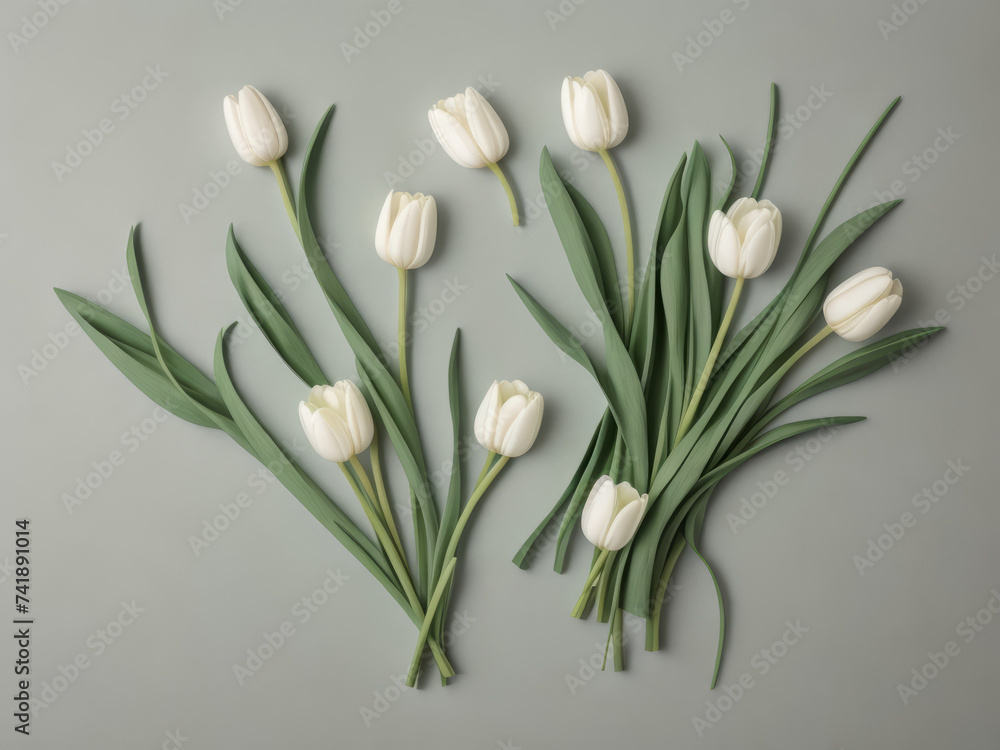 Beautiful white tulips in craft paper on green pastel background with copy space, spring time, mother's day