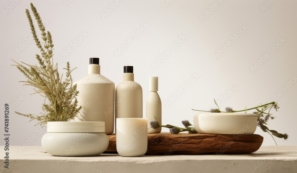 Mock up of natural beauty products. White cosmetic bottles with dry leaves on light natural beige background. Organic cosmetic products concept. Generative ai