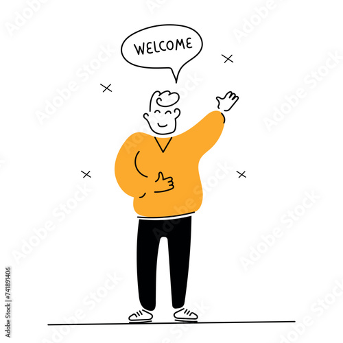 Welcome, Vector joyful man in flat style. flat line art style design with speech bubble young handsome man smiling happily and cheerfully, waving his hand, greeting and welcoming you, or saying goodby