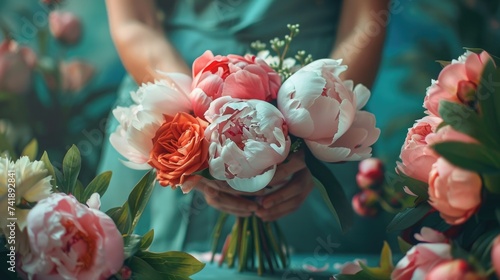 florist hands making peony flowers bouquet, close up