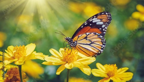 bright butterfly on yellow flowers in a garden summer wonderland fantastic card © Richard
