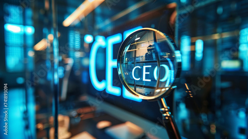 A magnifying glass focused on a monitor screen with the abbreviation - CEO photo