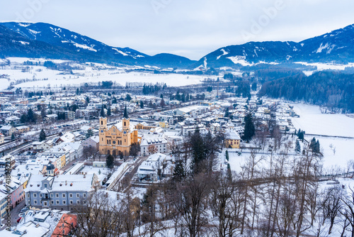 View of Bruneck-Brunico and Church of Santa Maria Assunta, Italy