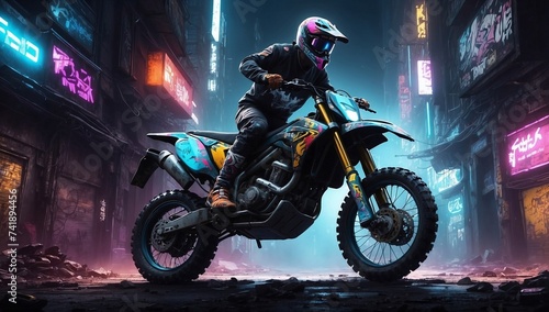 Shiny futuristic sports motor on a blurred cyberpunk city street background with bright neon lights. Bokeh effect. Future concept.