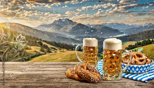 Bayerische Brezeln mit Bierkrug auf altem rustikalen Holzhintergrund Bierkrug mit Weizen und Hopfen im Keller mit Fass Oktoberfest-Speisekarte photo
