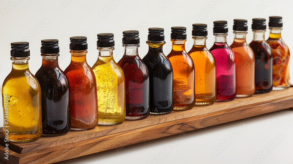 Set of sauces on a wooden stand Set of sauces on a wooden stand