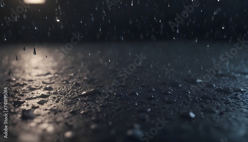 Raindrops falling on dark surface, dark background 