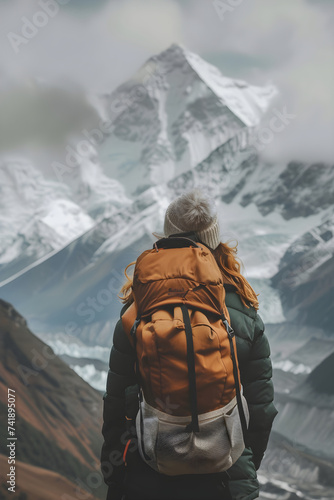 Lone man standing in the mountains. climber, climbing. Tourism or travel ad. Everest, snow peak. Backpack