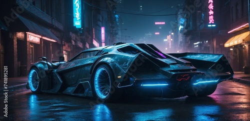 Shiny futuristic sports car on a blurred cyberpunk city street background with bright neon lights. Bokeh effect. Future concept.