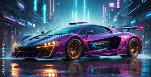 Shiny futuristic sports car on a blurred cyberpunk city street background with bright neon lights. Bokeh effect. Future concept. © Sba3