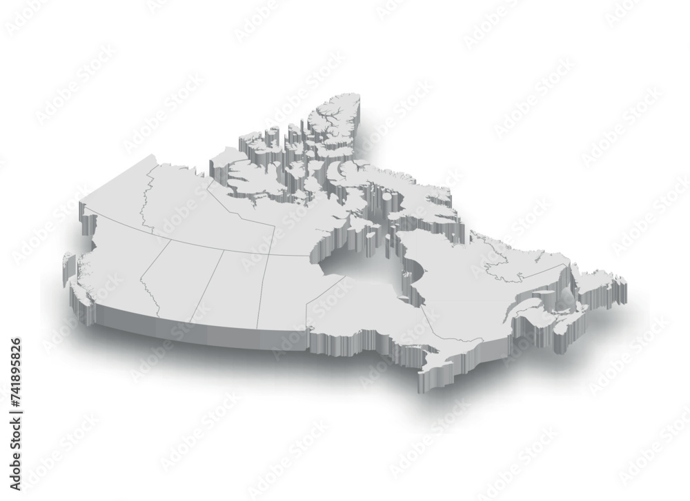 3d Canada white map with regions isolated