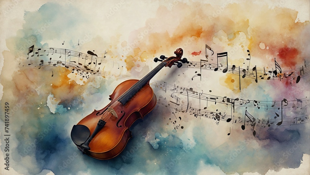 Musical notes with hearts, florals and instruments on a beautiful pastel watercolor background. Love for music concept. Copy space.