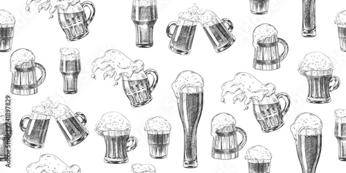 Seamless pattern with beer glasses. Background with sketch style spilled beer. Pint glassware. Black and white engraved illustrations for pub menu. Oktoberfest drinks. Hand drawn goblets of beer