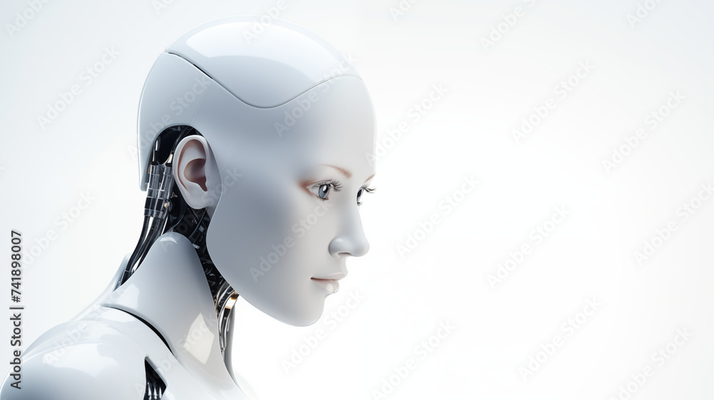 robot android woman, copy space, white background