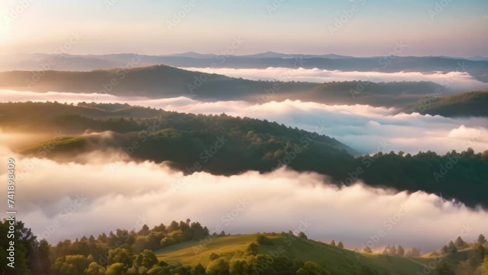 An aerial view of a valley blanketed by morning fog during sunrise, Find is covered by fog on summer mornings during sunrise, Aerial view, AI Generated An aerial view of a valley blanketed by morning fog during sunrise, Find is covered by fog on summer mornings during sunrise, Aerial view, AI Generated