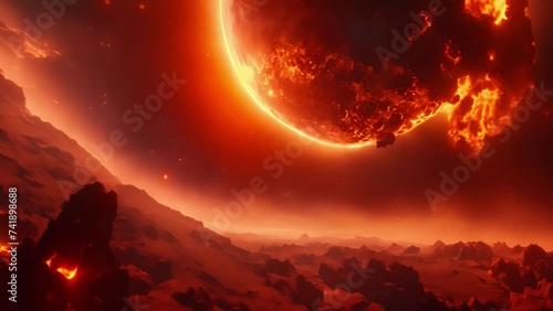 A rare moment when the moon partially blocks the sun, creating a sun eclipse in the sky, Flying over an uncharted burning planet on fire in outer space, AI Generated photo