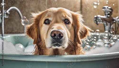golden retriever dog peeking out of a bath dog is taking a bath soap bubbles