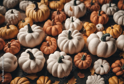Collection of handmade plaster pumpkins Autumn seasonal holidays background in natural colors DIY cr photo