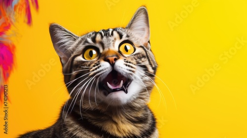 A close-up of a cat's head with a surprised muzzle and wide-open eyes on a yellow background. Funny cat. © Cherkasova Alie