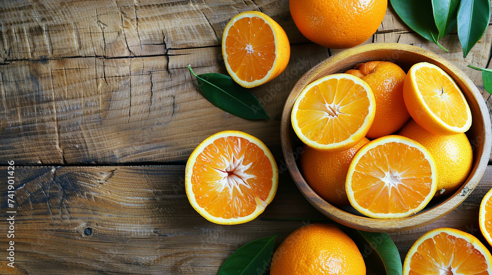 Oranges whole and halves in a plate on a wooden plank table Oranges whole and halves in a plate on a wooden plank table