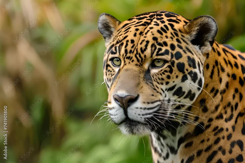 A close-up portrait of a jaguar with a sharp gaze, showcasing its beautiful spotted fur against a green, blurred background. A close-up portrait of a jaguar with a sharp gaze, showcasing its beautiful spotted fur against a green, blurred background.