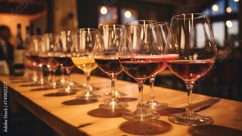  A row of wine glasses filled with varying shades of wine on a wooden bar.