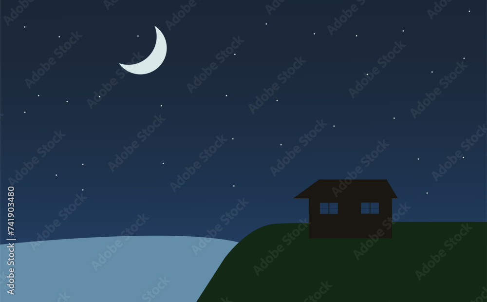 Fototapeta premium nature illustration with a house on a mountain under the half moon