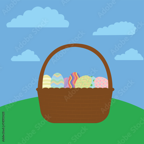 illustration easter eggs inside a basket in nature