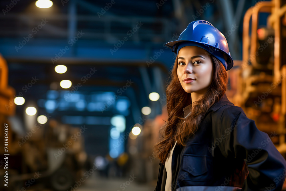 Portrait of engineer woman in a industrial area