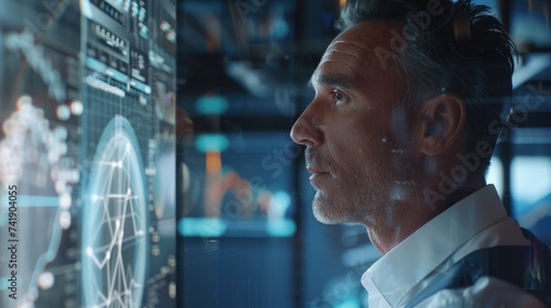 Serious Man Analyzing Data on a Digital Screen. Technology Concepts in Medicine, Construction, Cybersecurity, and Robotics. Generative AI
