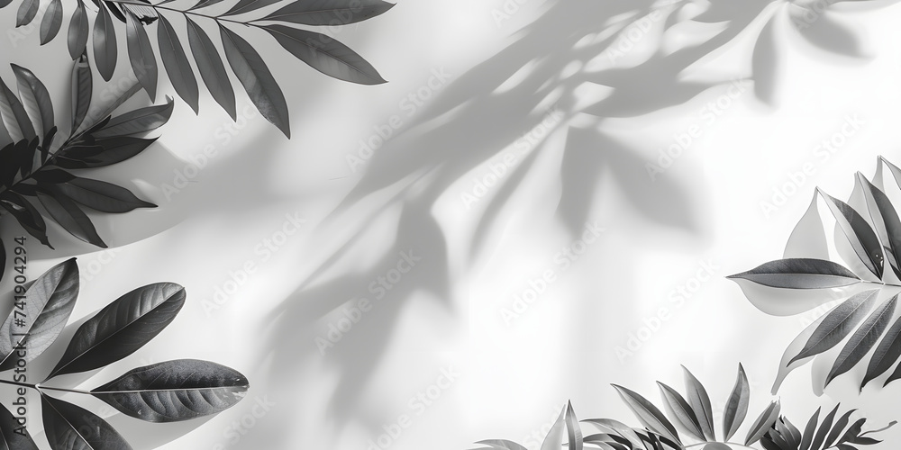 Blurred shadow from leaves plants on the white wall. Minimal abstract background for product presentation, Spring and summer Blurred shadow from leaves plants on the white wall. Minimal abstract background for product presentation, Spring and summer