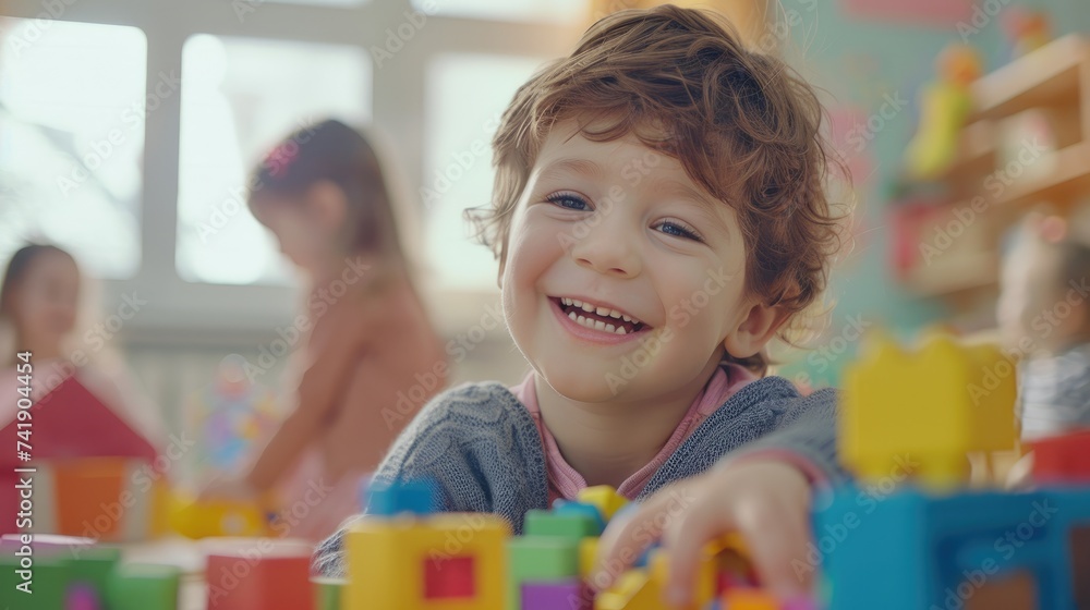 Cute Smiling Little Caucasian Boy Playing with Building Block in Kindergarten. Generative AI Cute Smiling Little Caucasian Boy Playing with Building Block in Kindergarten. Generative AI