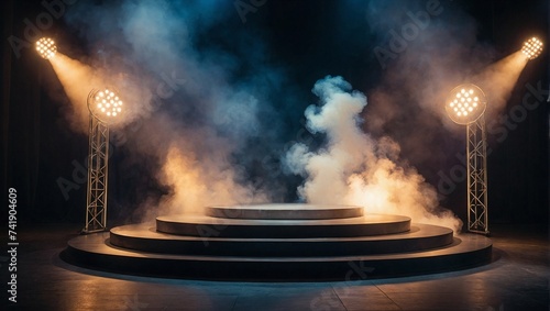 Empty stage under dim lights and in smoke. Entertainment, music and fashion concept. Product placement or copy space idea.