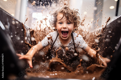 smiling child playing in a bathtub full of creamy chocolate Easter dessert photo