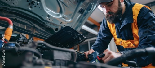 mechanic replacing the electric car