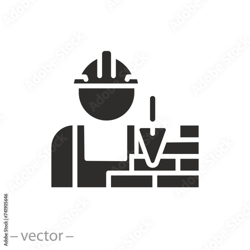 builder profession icon, mason, bricklaying specialist, bricks wall, flat symbol on white background - vector illustration