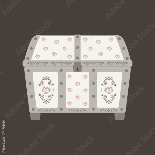 Treasure Chest money pink coin vector illustration cute baroque, shabby chic or classic style luxury interior cabinets vintage