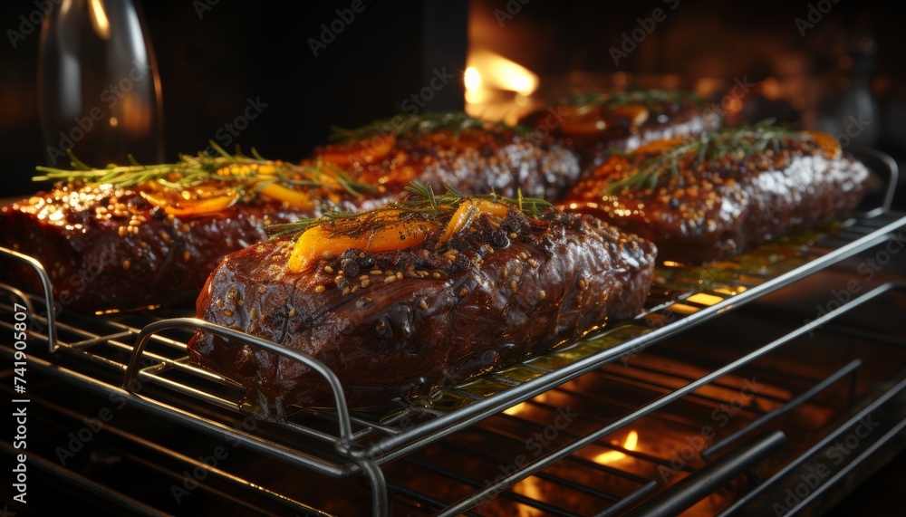 Succulent homemade meat roasting in the kitchen oven, creating a delightful aroma