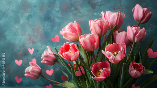tulips in the garden 3d wallpaper, Womens day spring background top view red tulips on a background of a concrete blue wall