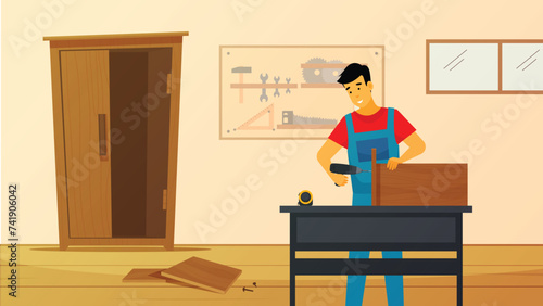 Happy carpenter cartoon character in cap sawing wooden board in workroom with tool planks poster vector illustration