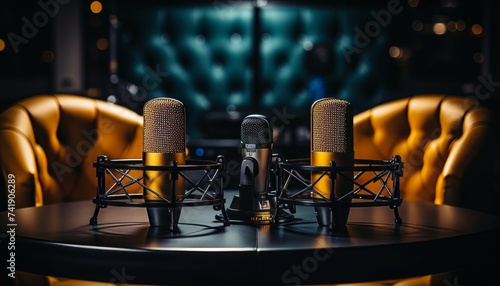 Podcast setup with chairs, microphones on dark background for media conversations or streamers. photo